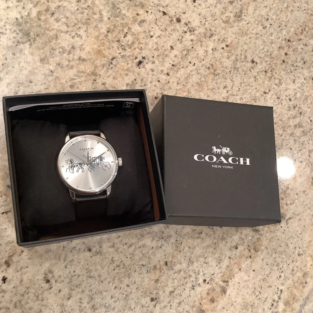 Coach Silver and Black Watch Leather Band
